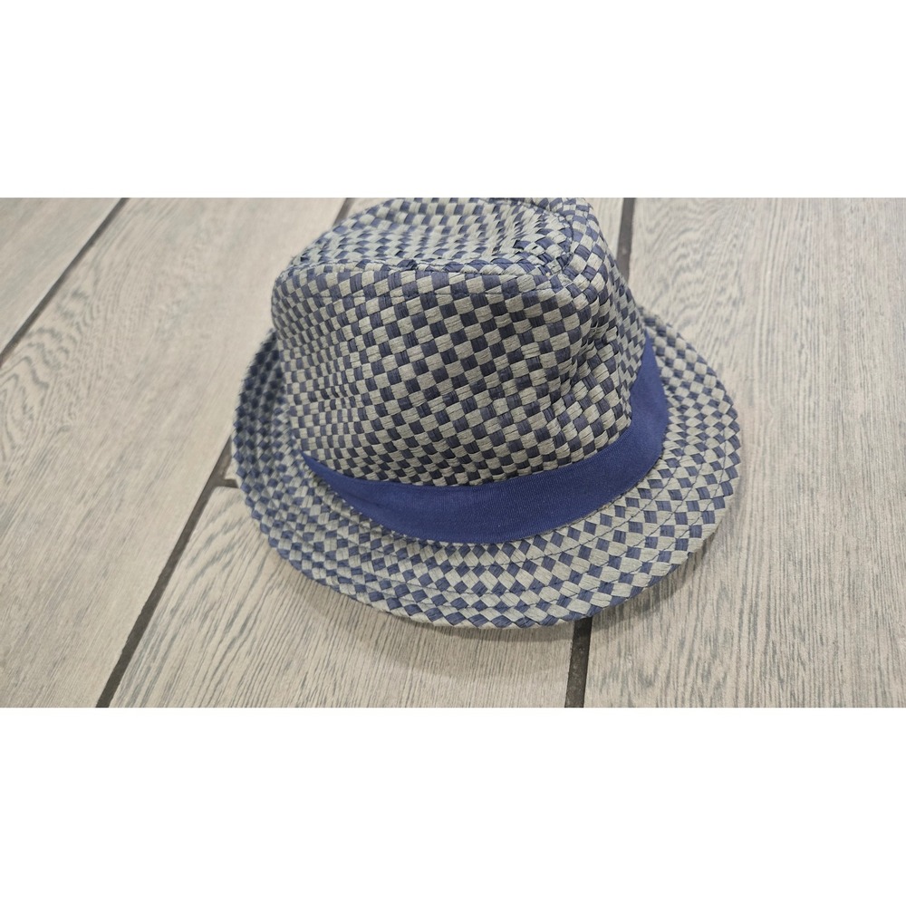 Toddler Boys Blue Grey Checkered Straw Fedora Hat Size 12M-24M Summer Sun Hat
